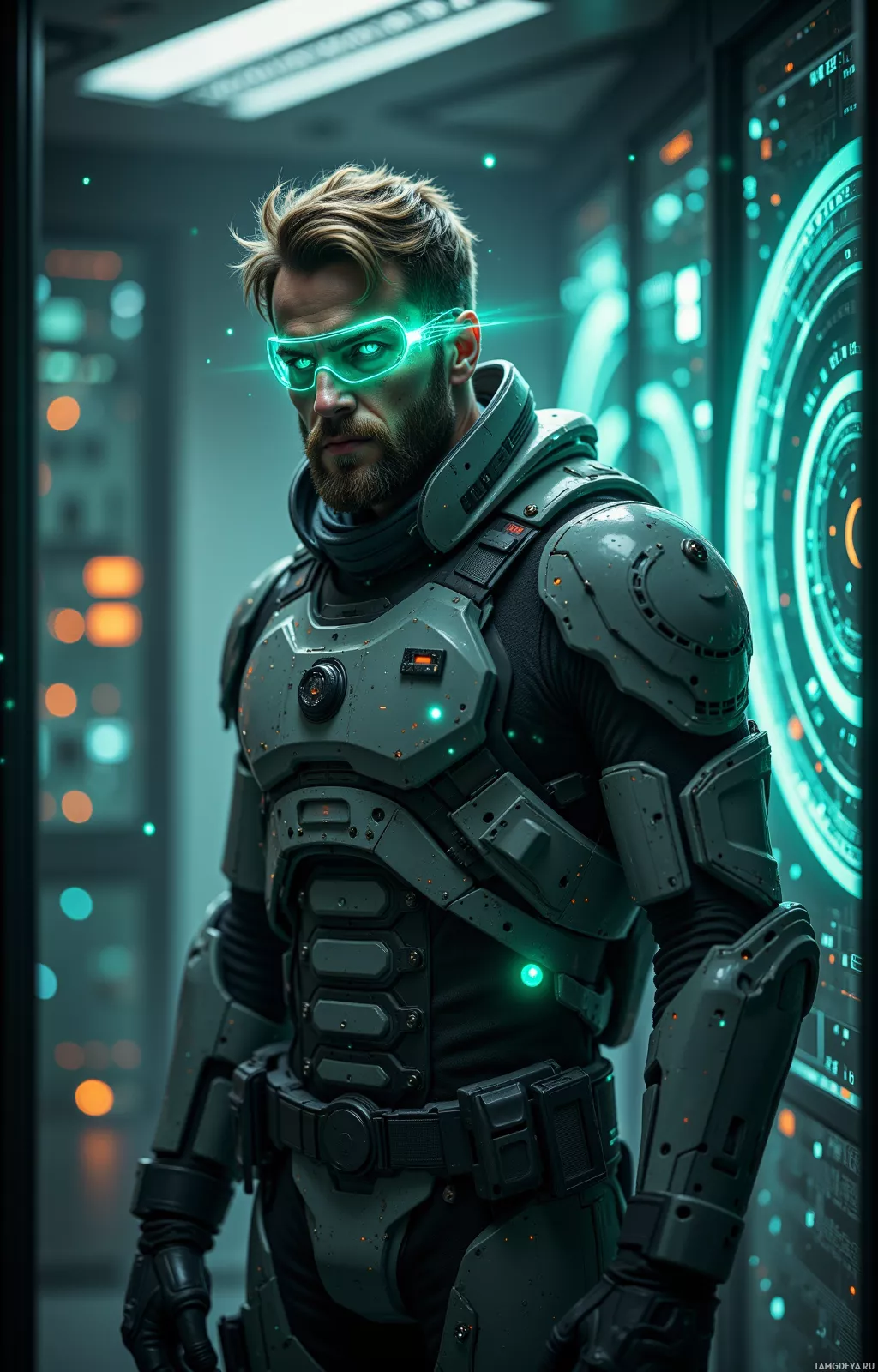 A futuristic armored individual stands in a high-tech environment with glowing elements.