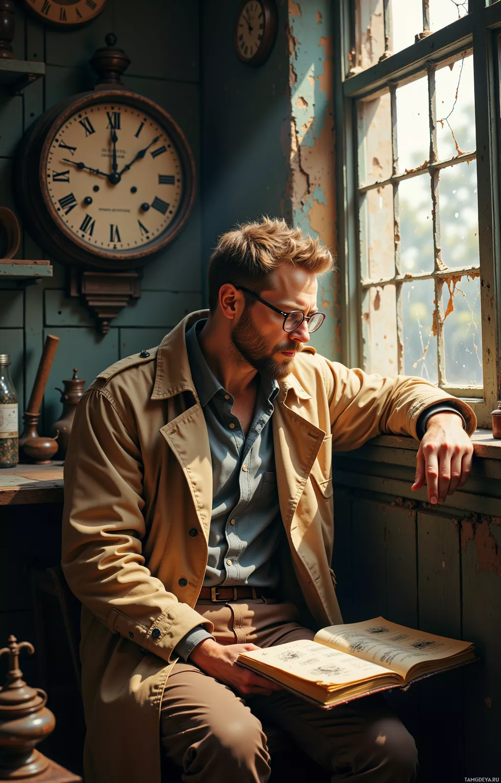 A man in a trench coat sits by a window, reading an open book.
