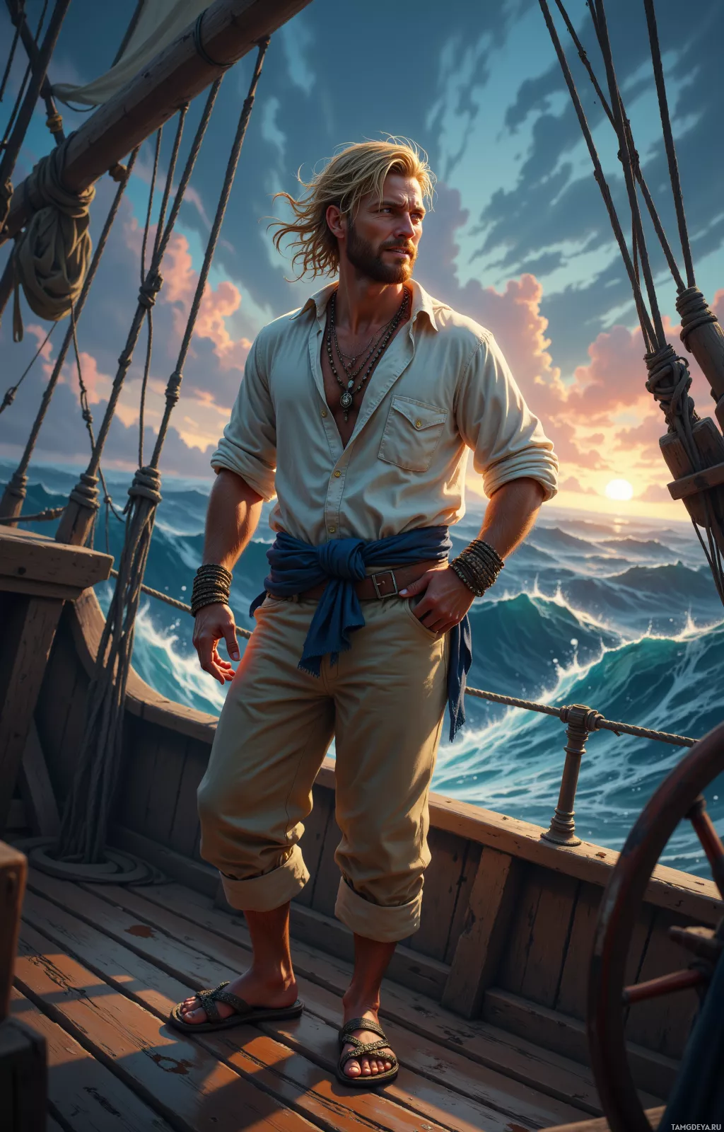 A man stands on a ship deck, wearing a white shirt and beige pants, with a sunset and ocean waves in the background.