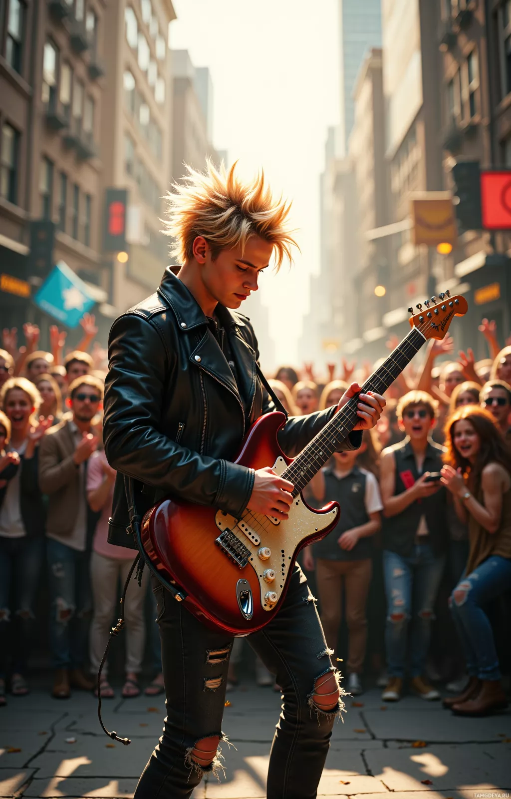A person in a leather jacket plays a guitar on a city street, surrounded by a cheering crowd.