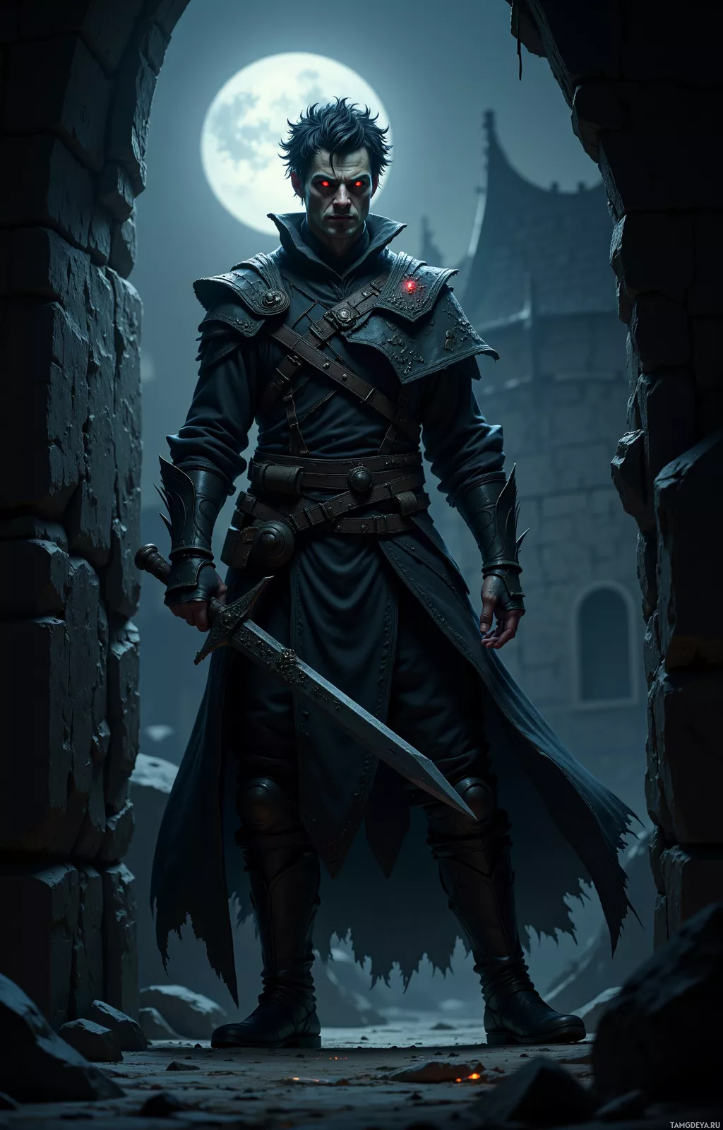 A dark, gothic warrior stands in a moonlit stone archway, holding a sword.