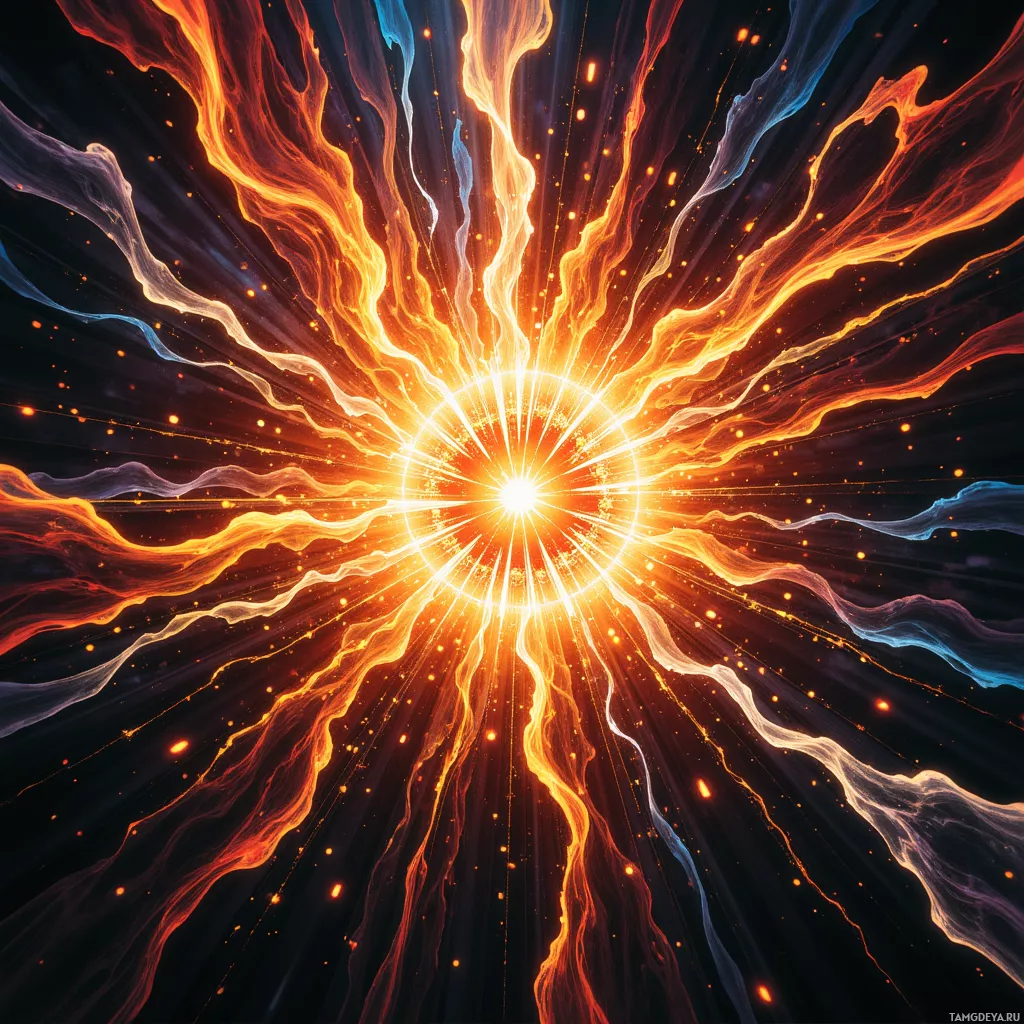 A vibrant cosmic explosion with radiant orange and blue energy streams radiating outward against a dark background.