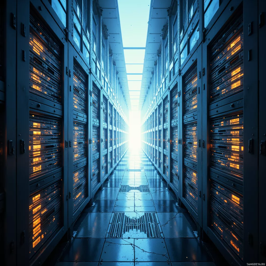 A long corridor lined with server racks illuminated by glowing lights.