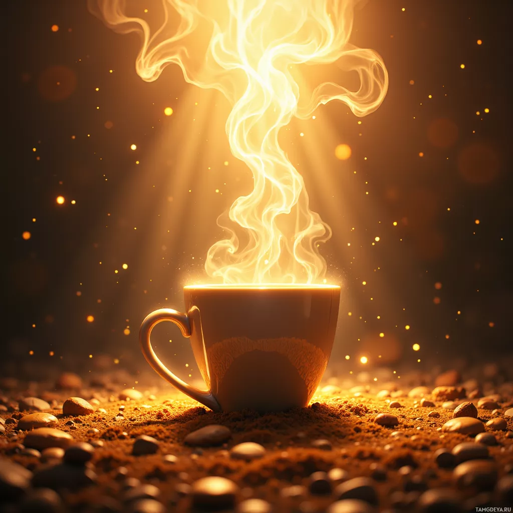 A steaming cup of coffee surrounded by glowing particles and warm light.