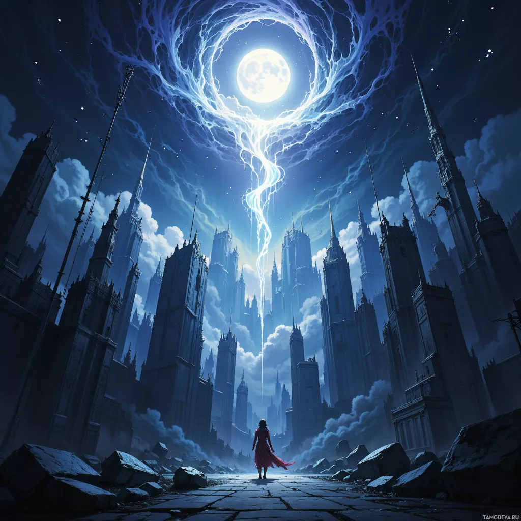 A lone figure in a red cloak walks towards a grand, moonlit city with towering spires and a swirling, ethereal sky.