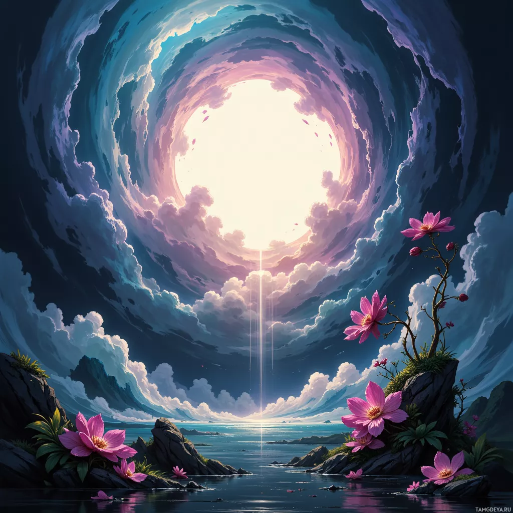 A surreal landscape featuring a swirling sky, vibrant pink flowers, and a glowing light source.