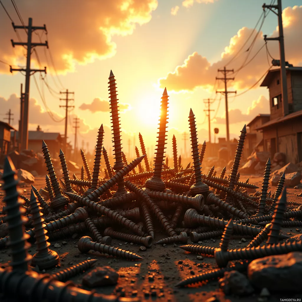 A pile of screws in a desert-like setting with power lines and a sunset in the background.