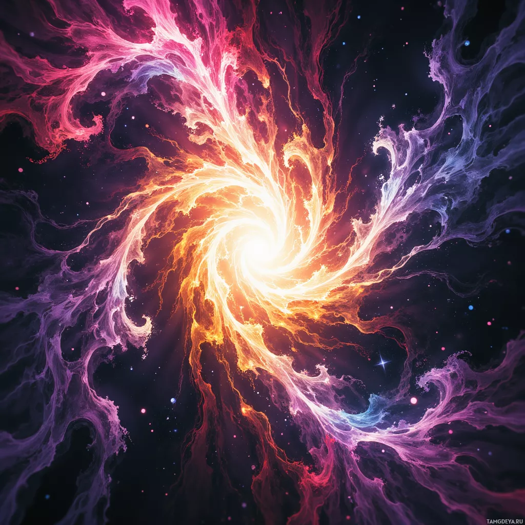 A vibrant cosmic swirl of fiery orange and purple hues against a dark background.