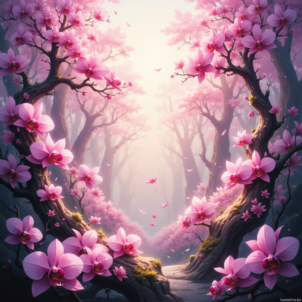 A serene forest scene with pink blossoms and sunlight filtering through the trees.