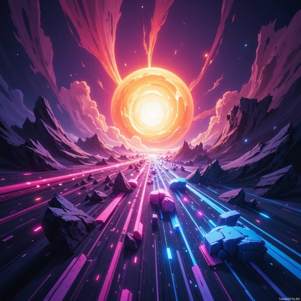 A vibrant, futuristic landscape featuring a glowing orb, streaks of light, and jagged rock formations under a cosmic sky.