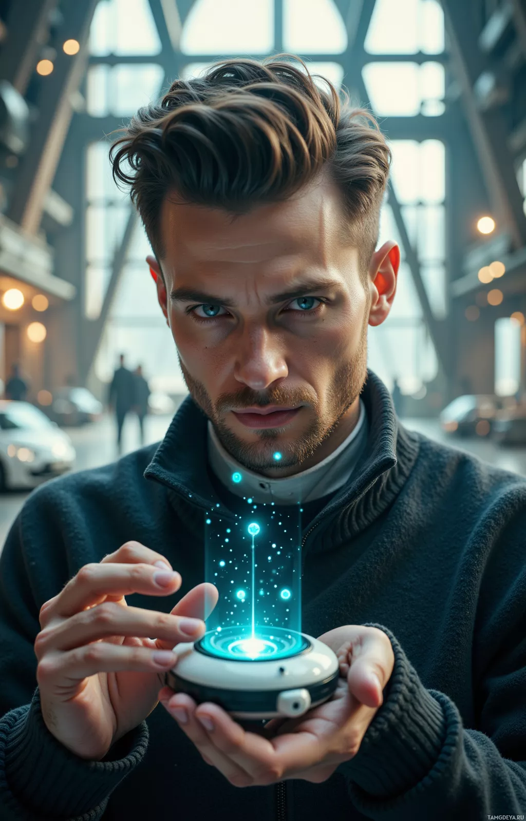 A person holds a glowing, futuristic device with a circular interface in a modern, well-lit interior.