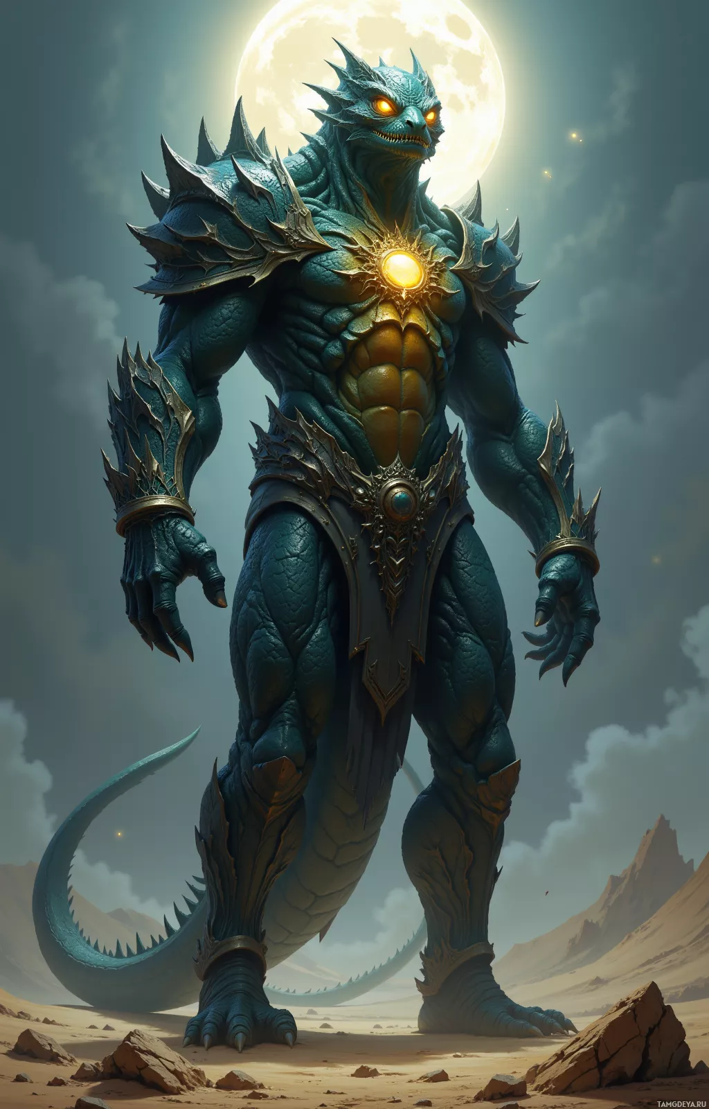 A fantastical, armored creature with glowing eyes stands in a desert under a full moon.