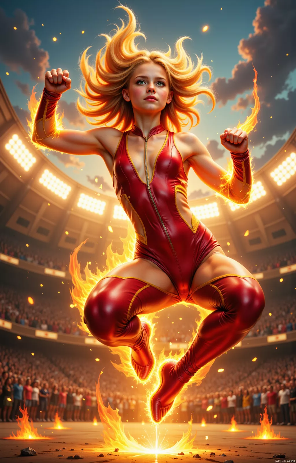 A dynamic, fiery superhero in a red suit leaps into action in a stadium setting.