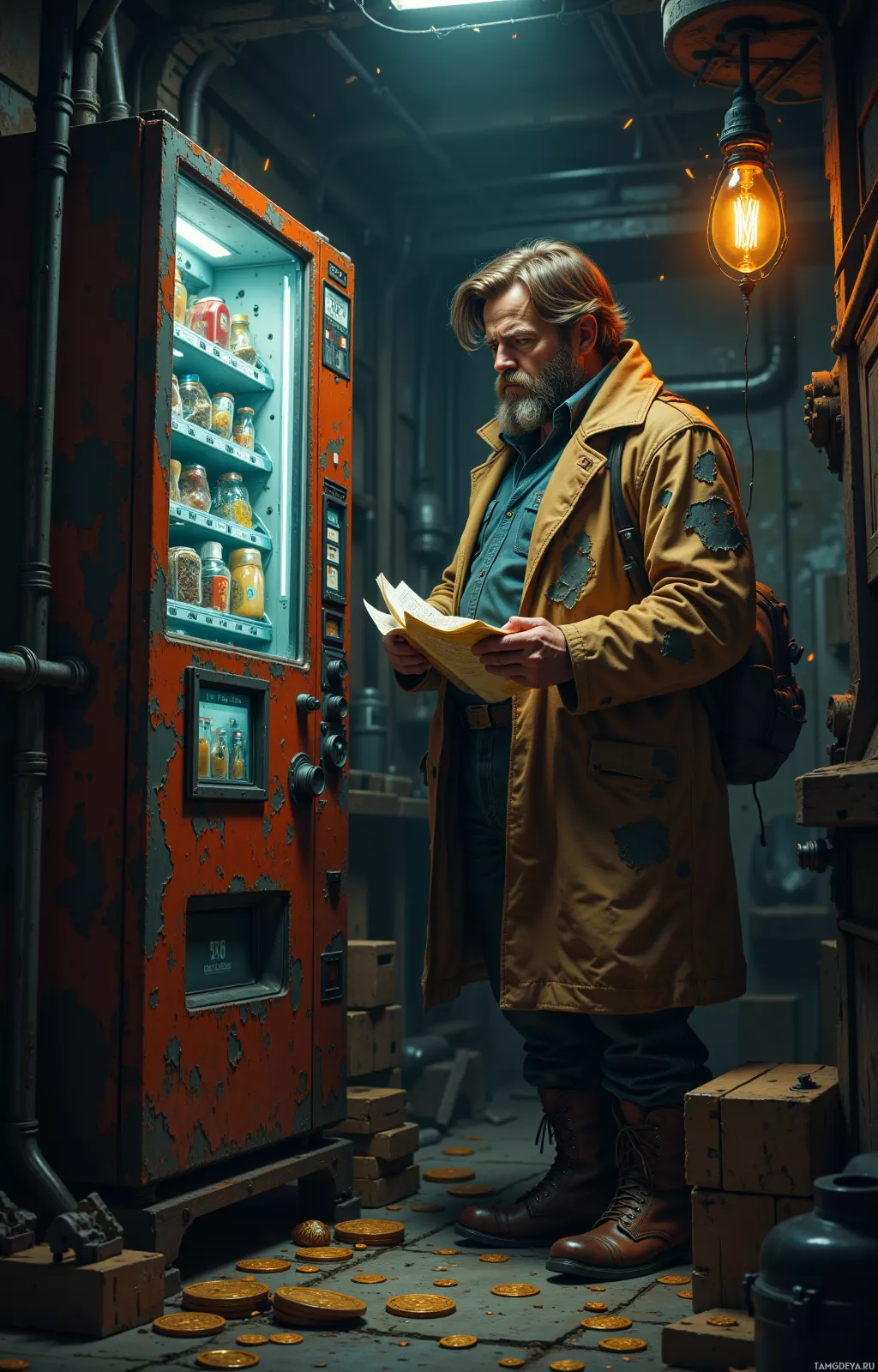 A man in a worn coat stands in a dimly lit, industrial setting, examining a document while coins litter the floor near a vending machine.