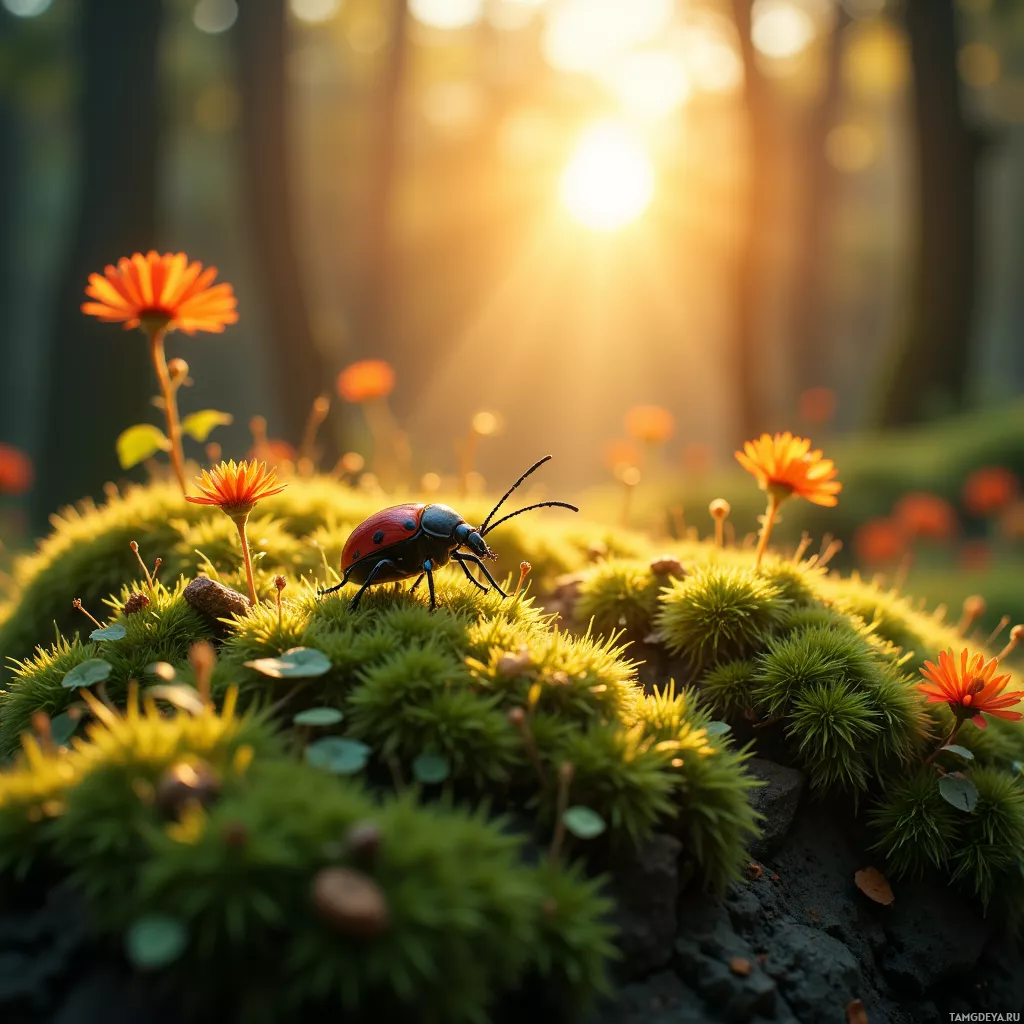 A ladybug rests on mossy ground surrounded by small orange flowers with sunlight filtering through the trees in the background.