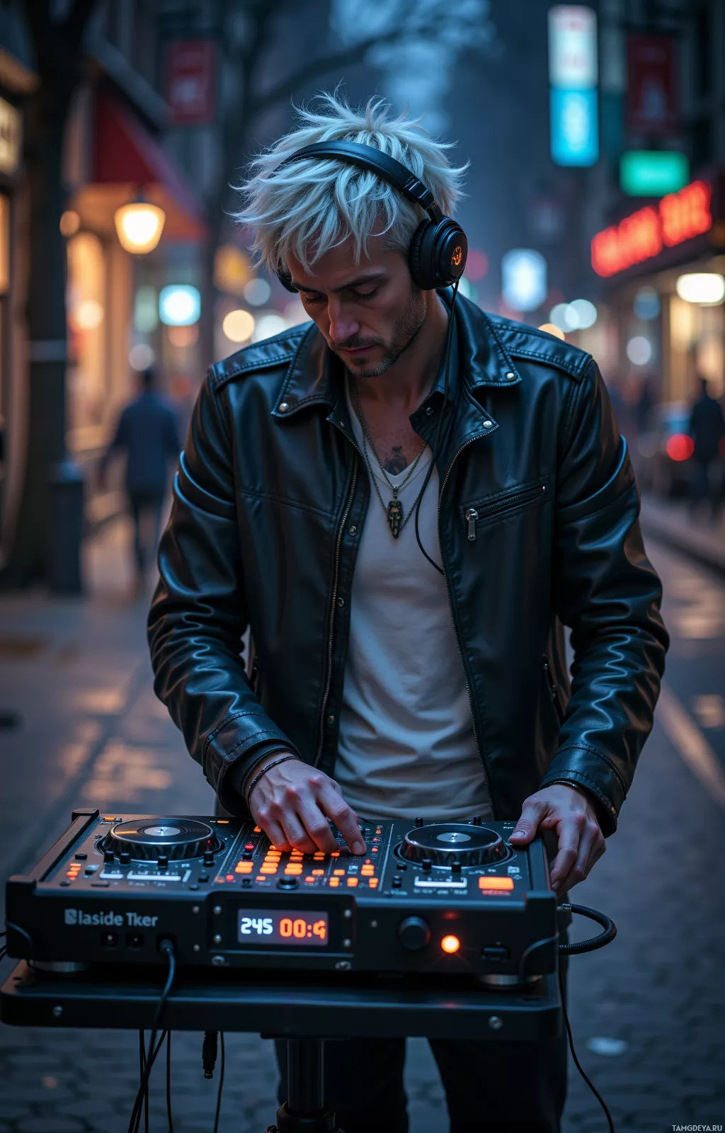 A person wearing headphones and a leather jacket is operating a DJ mixer on a city street at night.