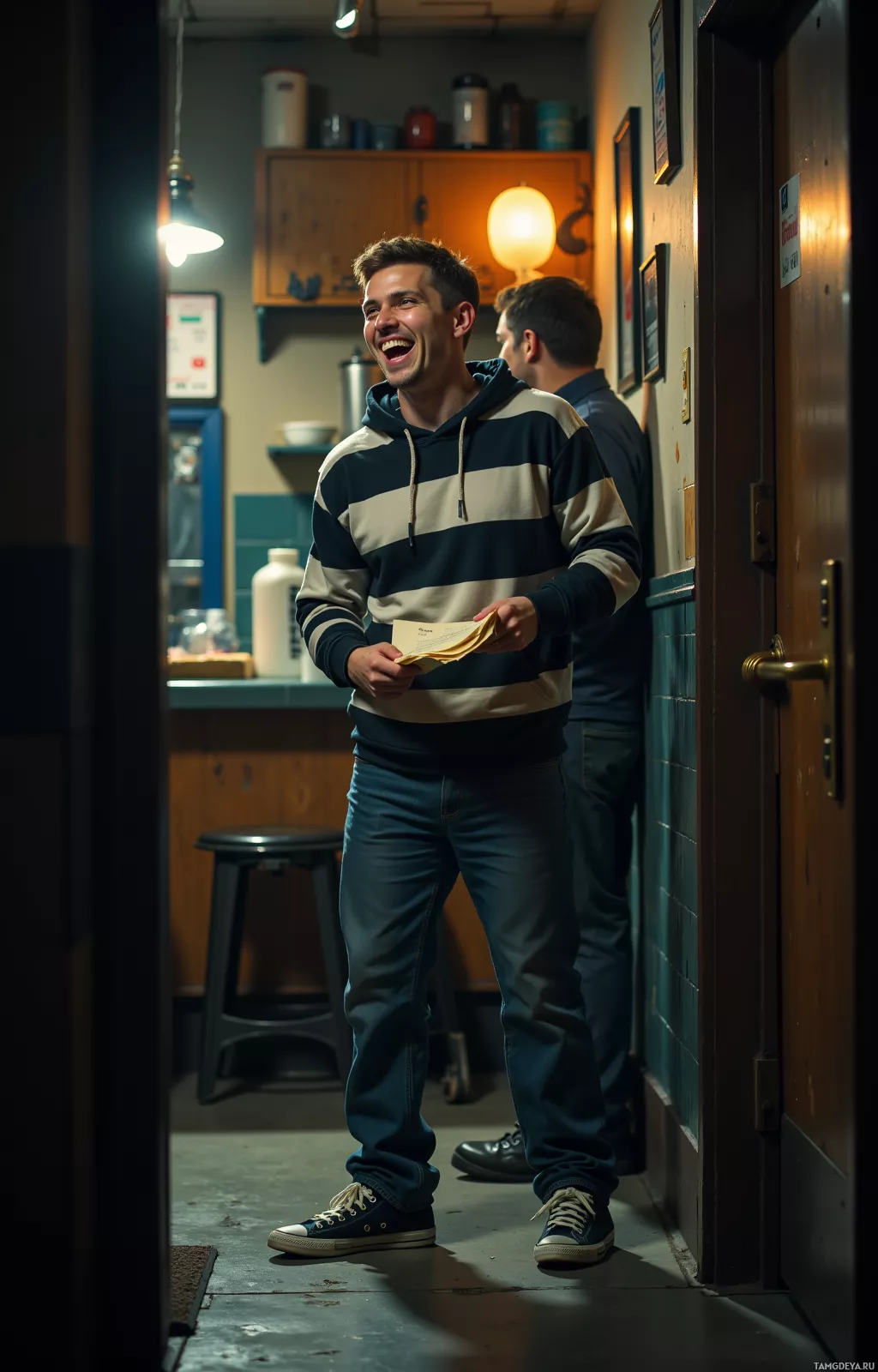 A man in a striped hoodie and jeans stands in a dimly lit kitchen, holding a piece of paper and smiling.
