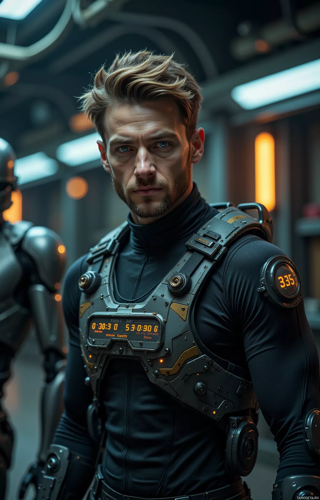 A person in a futuristic, armored outfit stands in a high-tech environment.