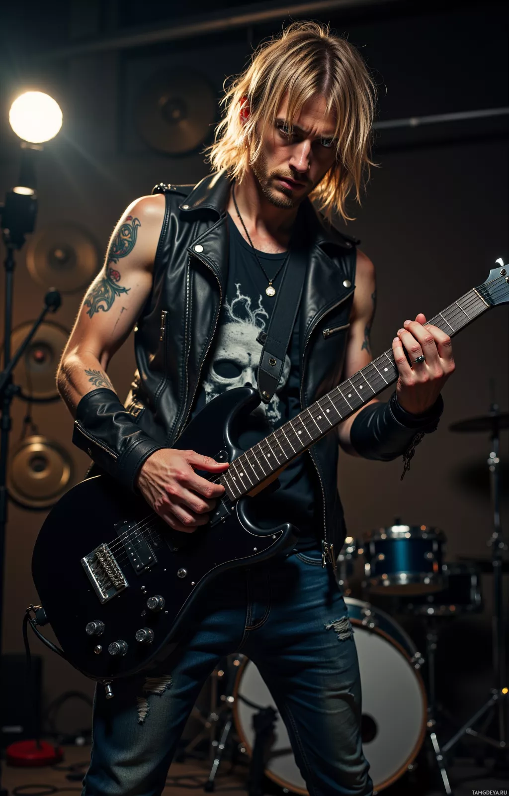 A musician in a leather vest plays an electric guitar in a dimly lit studio.