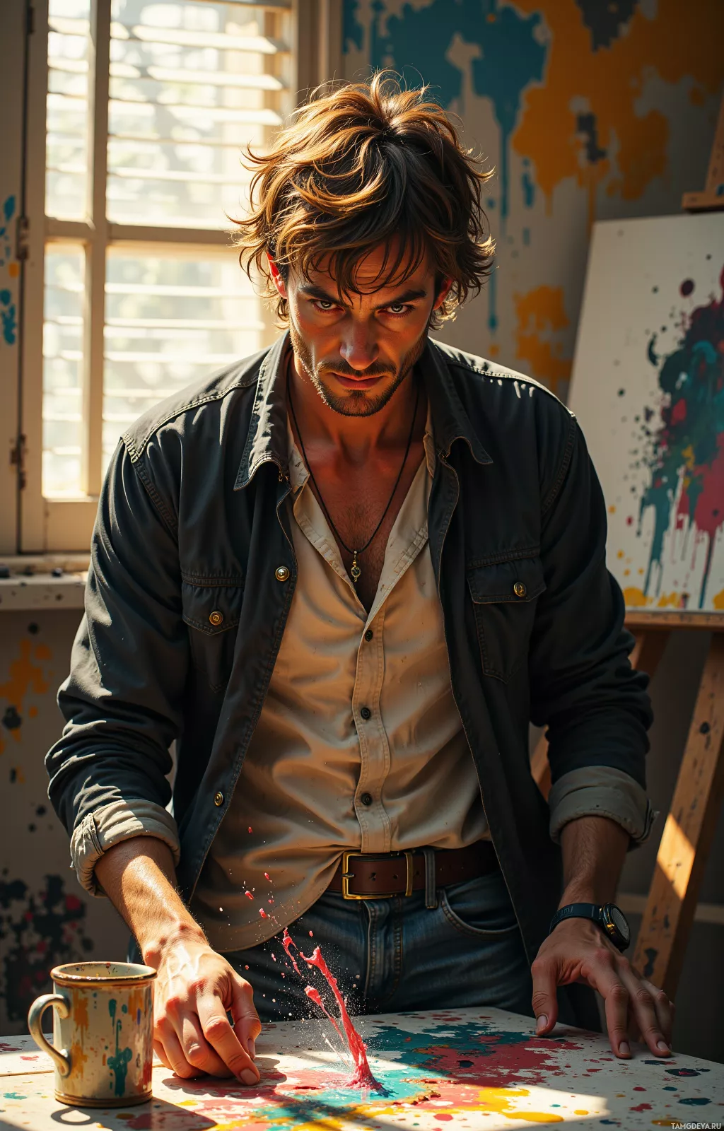 A man in a casual outfit stands in a sunlit studio with paint splatters, holding a mug.