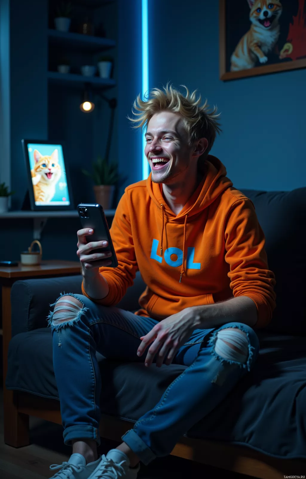 A person in an orange hoodie sits on a couch, holding a phone and smiling.