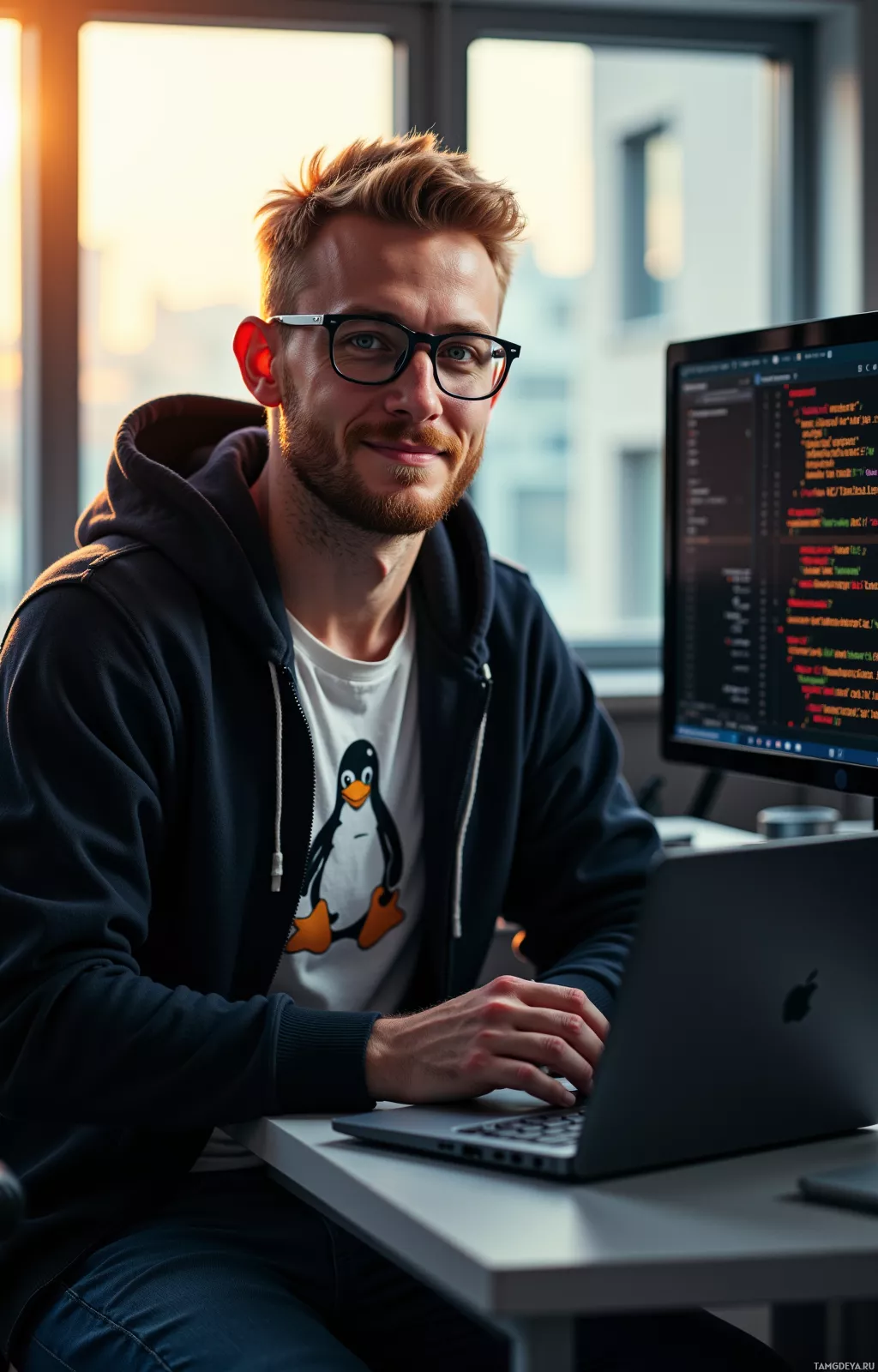 A person wearing a hoodie and glasses sits at a desk with a laptop, working on a computer.