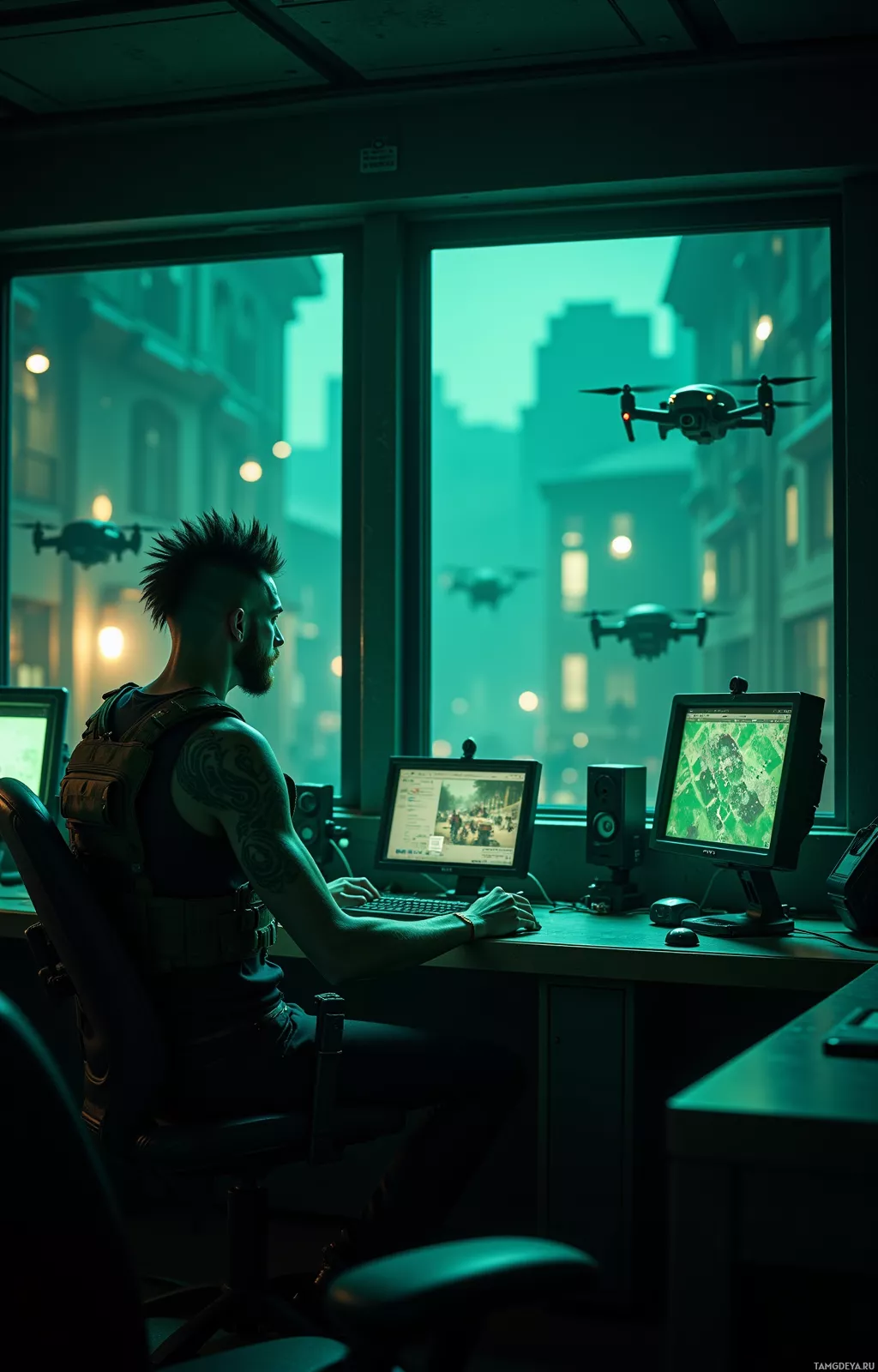 A man with a mohawk and tattoos works at a desk with multiple monitors, with drones flying outside the window.