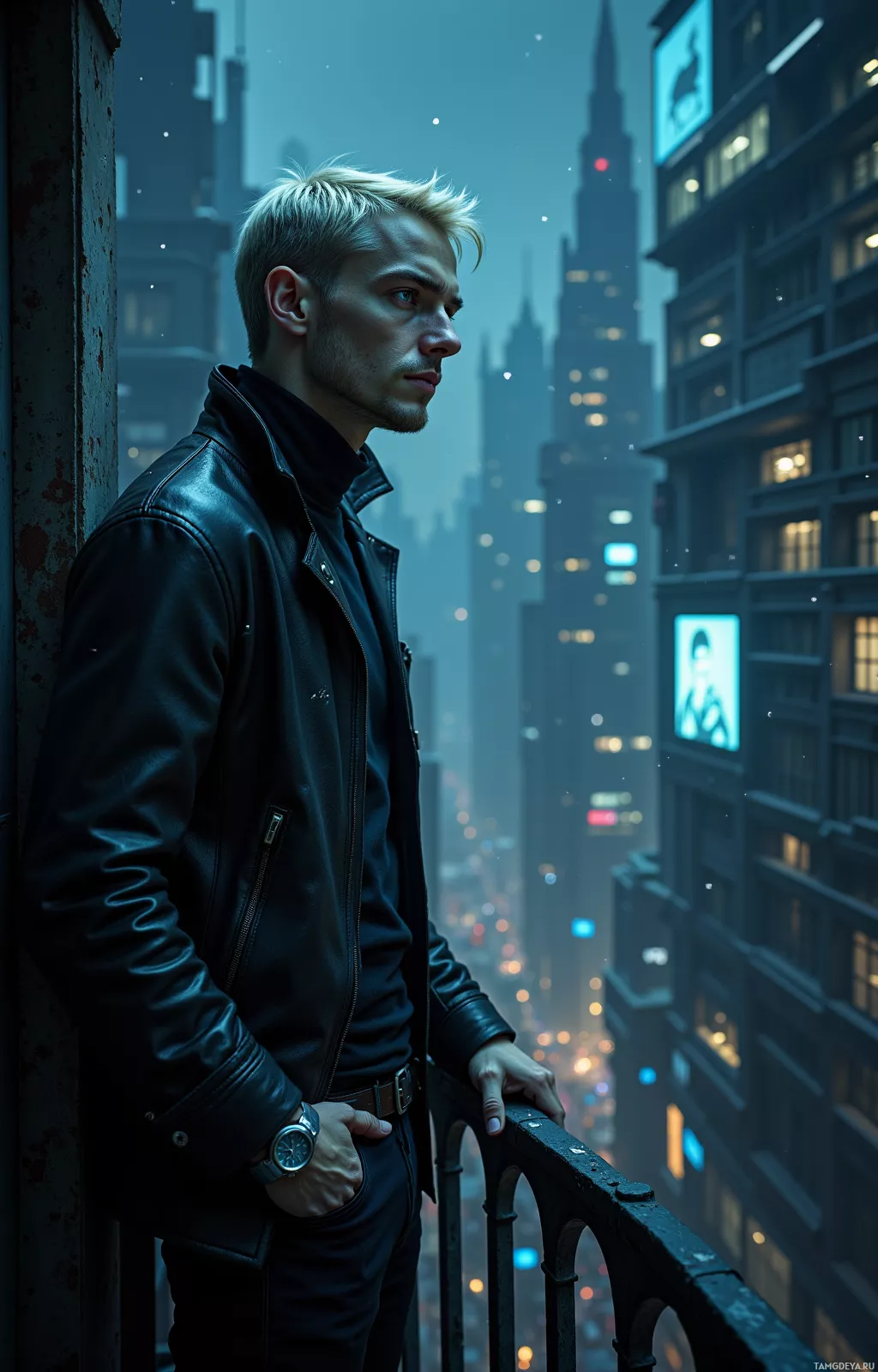 A man in a leather jacket stands on a balcony overlooking a cityscape at night.