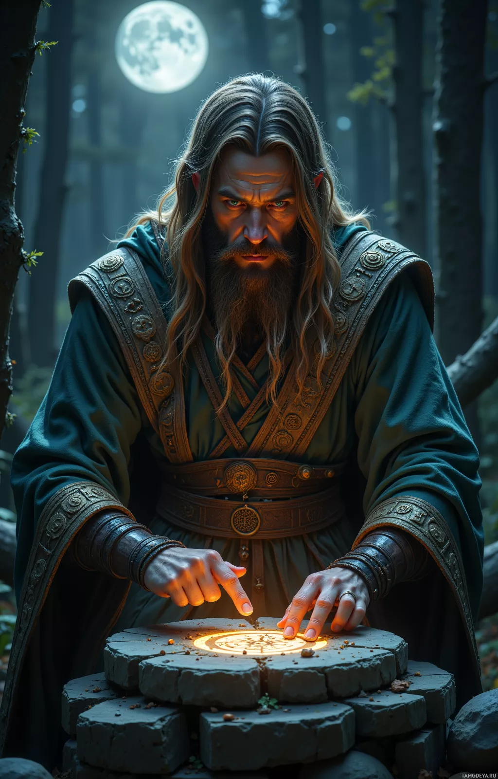 A wizard in a forest casts a spell over a glowing stone circle.