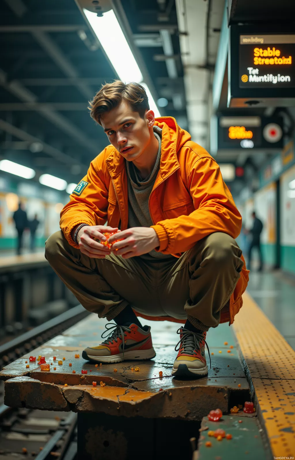 A person in an orange jacket and sneakers crouches on a subway platform with scattered candy.