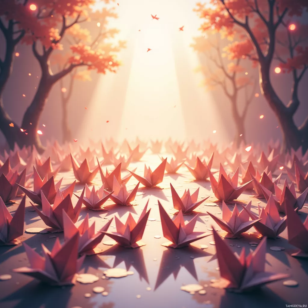 A serene forest scene with origami cranes on the ground and sunlight filtering through the trees.