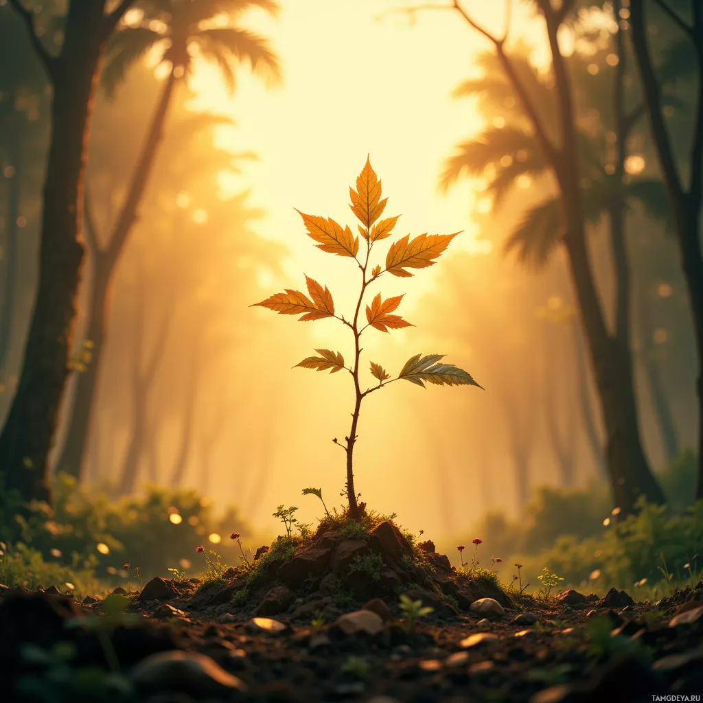 A small plant grows on a rocky mound in a misty forest at sunrise.