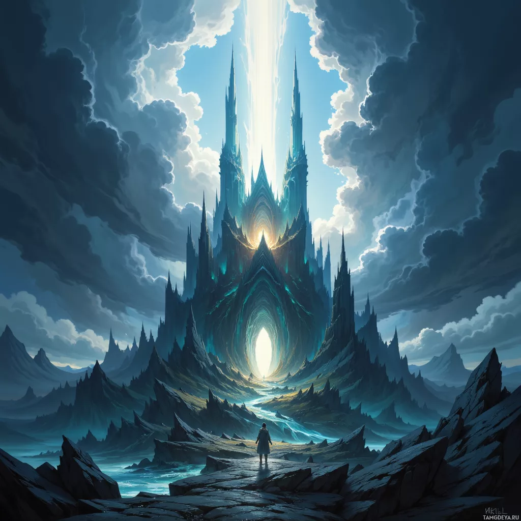 A lone figure stands before a majestic, ethereal castle with glowing arches and spires, set against a dramatic sky.