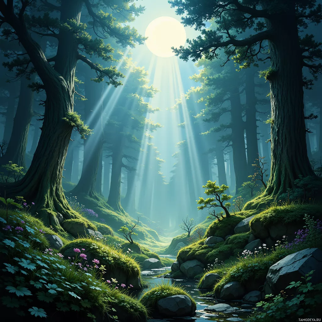 A serene forest scene with sunlight streaming through the trees, illuminating a small stream and lush greenery.