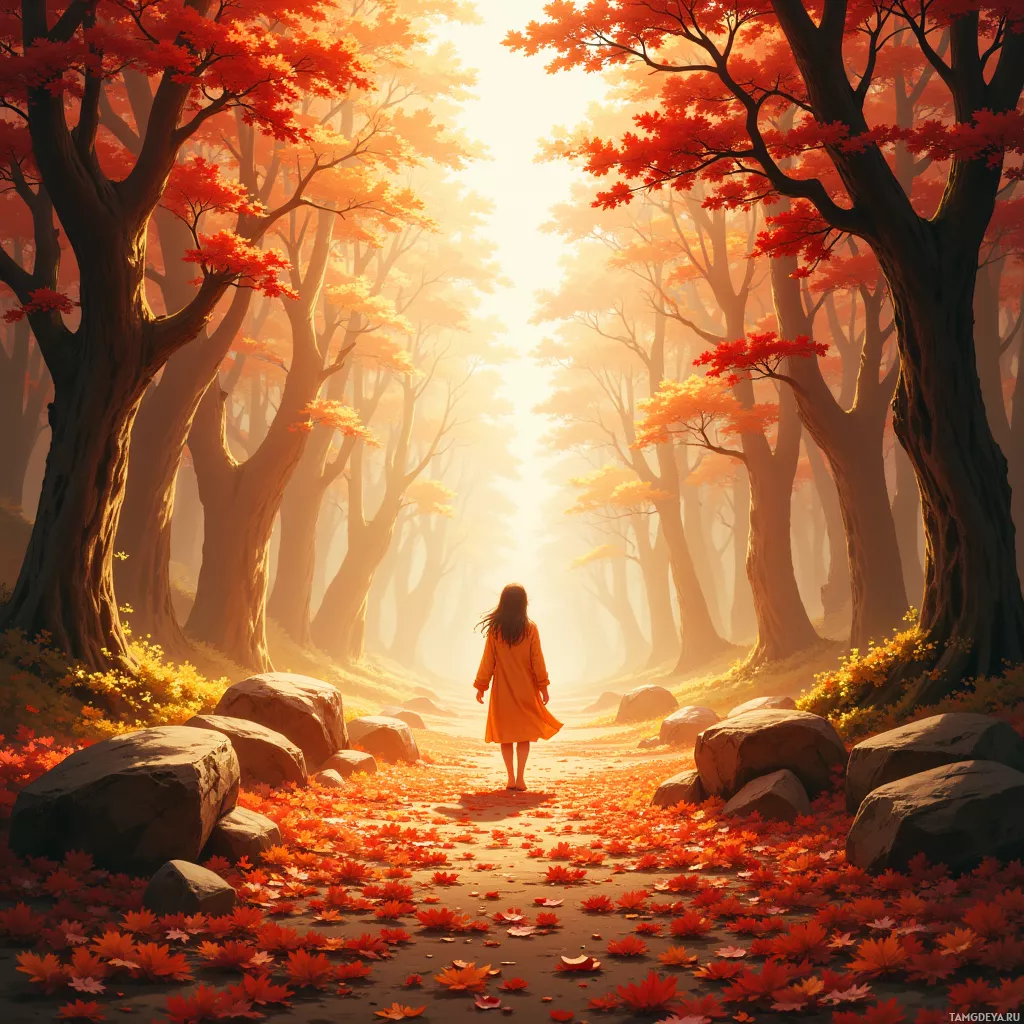 A woman in an orange dress walks through a forest with vibrant autumn leaves and sunlight filtering through the trees.