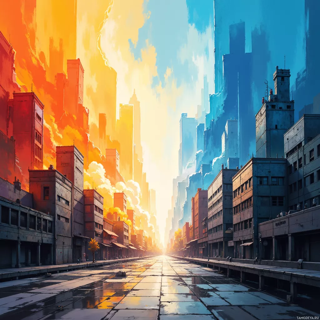 A vibrant cityscape with contrasting warm and cool tones, featuring tall buildings and a wet street reflecting the sky.