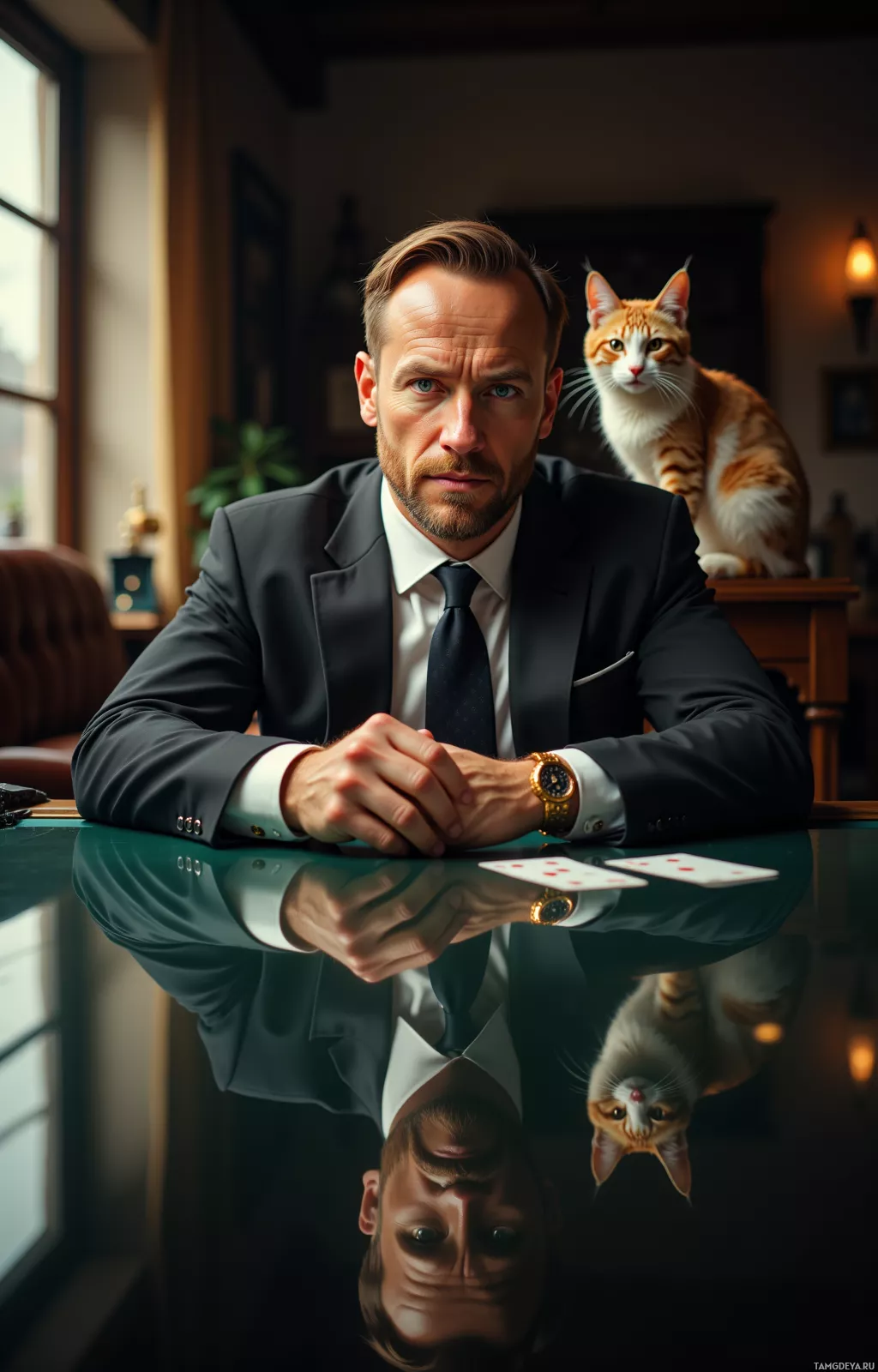 A man in a suit sits at a table with a cat perched on the back of his chair.
