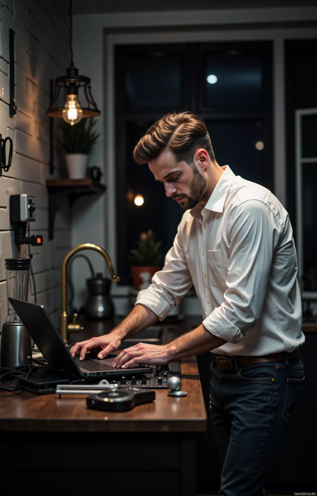 A man in a white shirt works on a laptop in a dimly lit kitchen.
