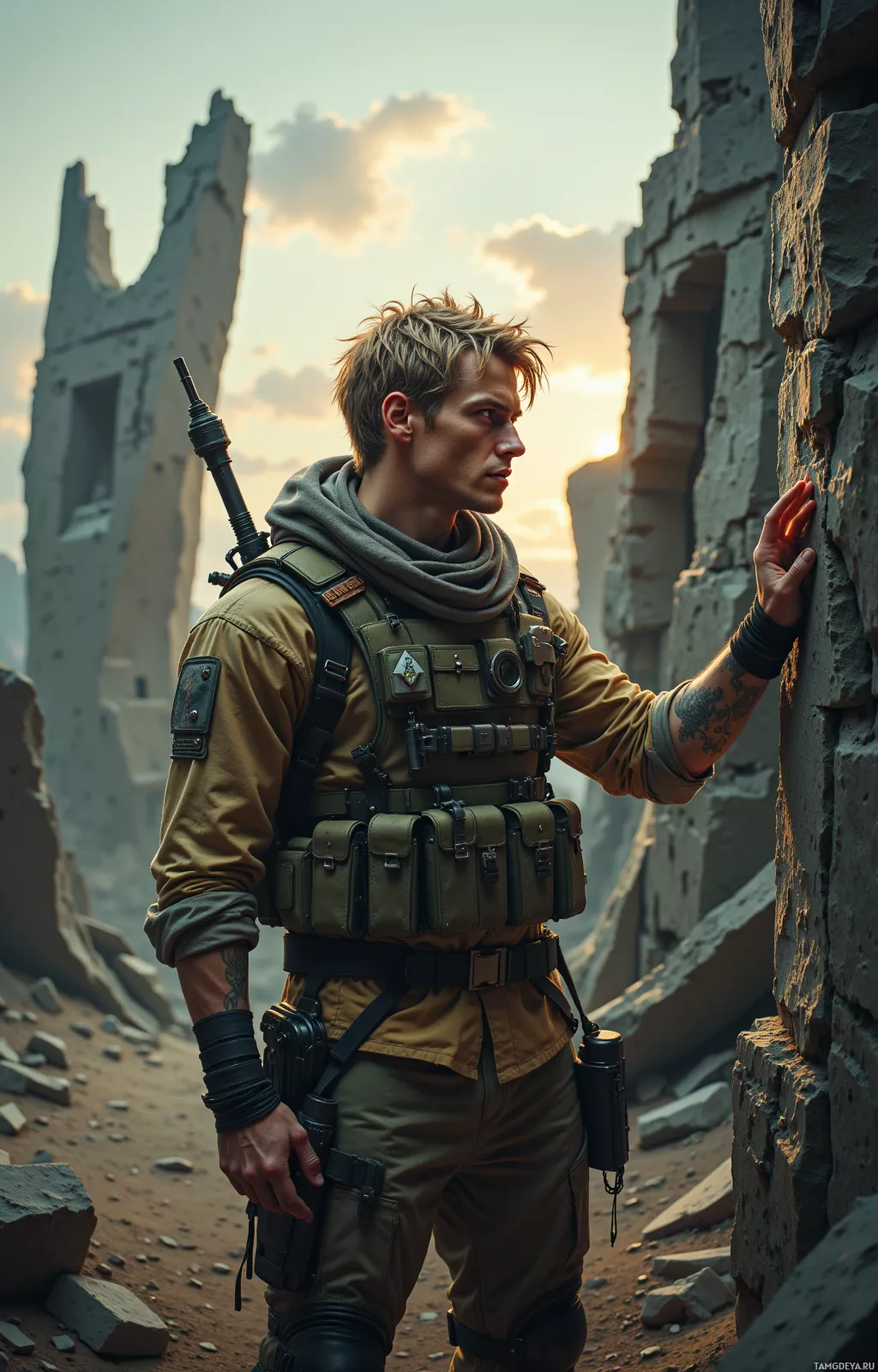 A soldier in tactical gear stands in a ruined environment, holding a weapon.