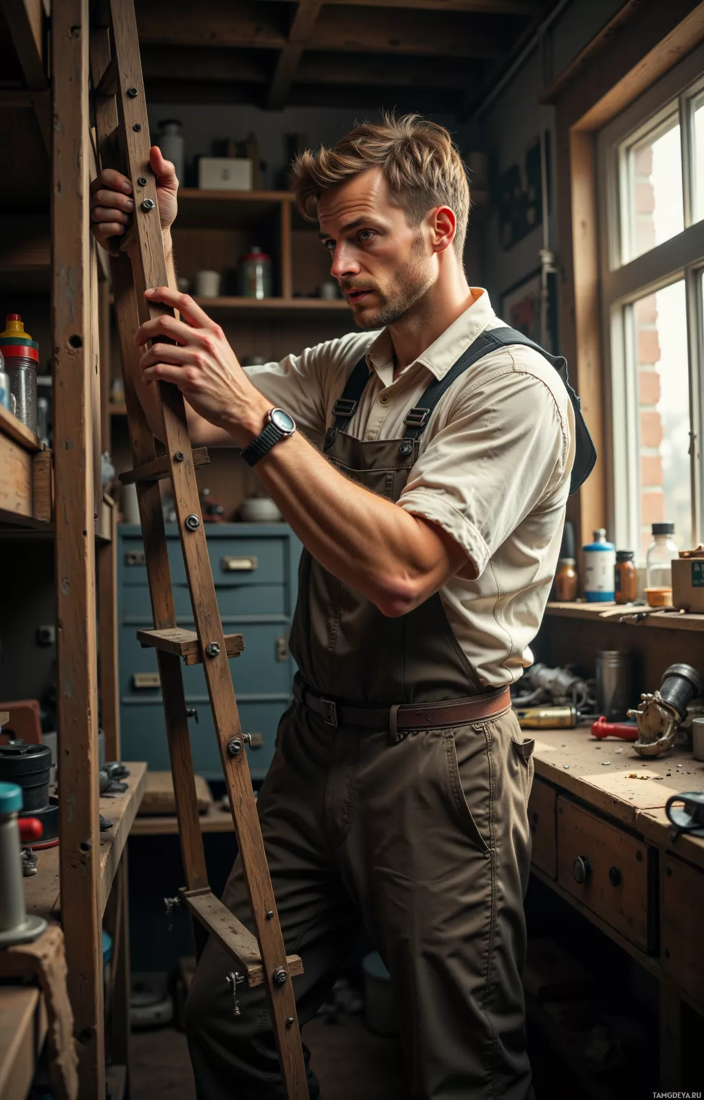 A man in a workshop holding a ladder.