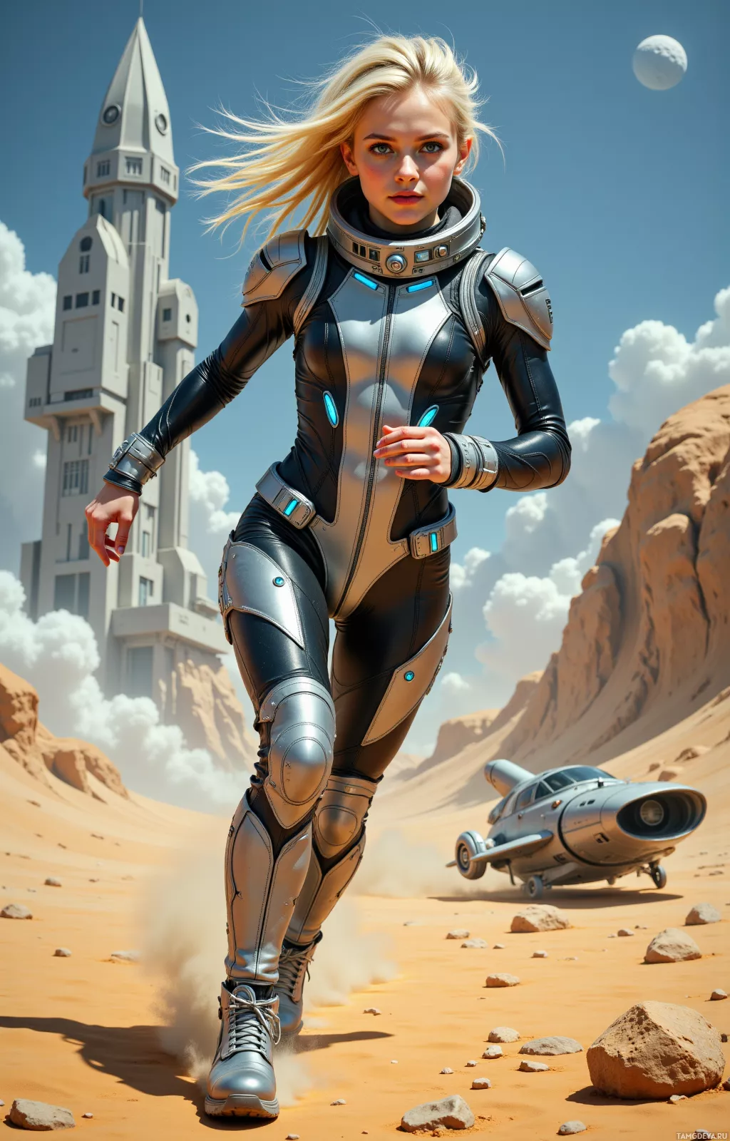 A futuristic woman in a space suit runs across a desert landscape with a rocket and a tall building in the background.