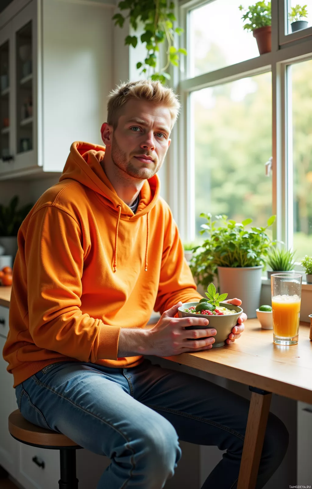 A person in an orange hoodie sits at a table with a bowl of food and a glass of orange juice, in a kitchen with a window and plants.