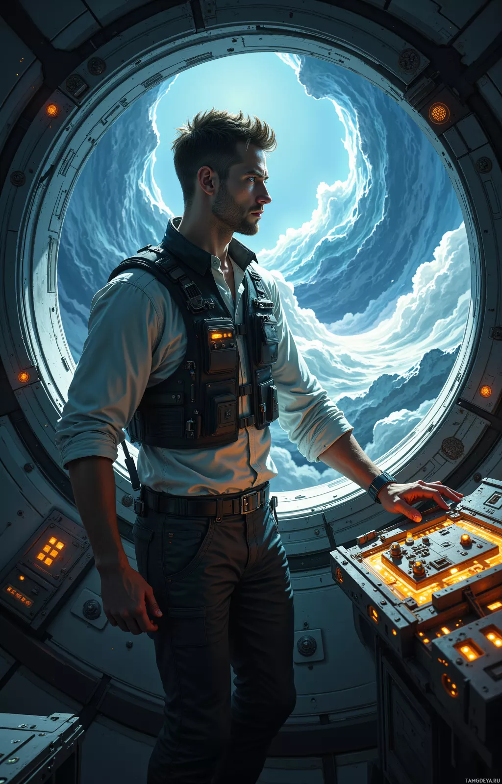 A man stands inside a futuristic spacecraft, gazing out at a swirling, ethereal sky.