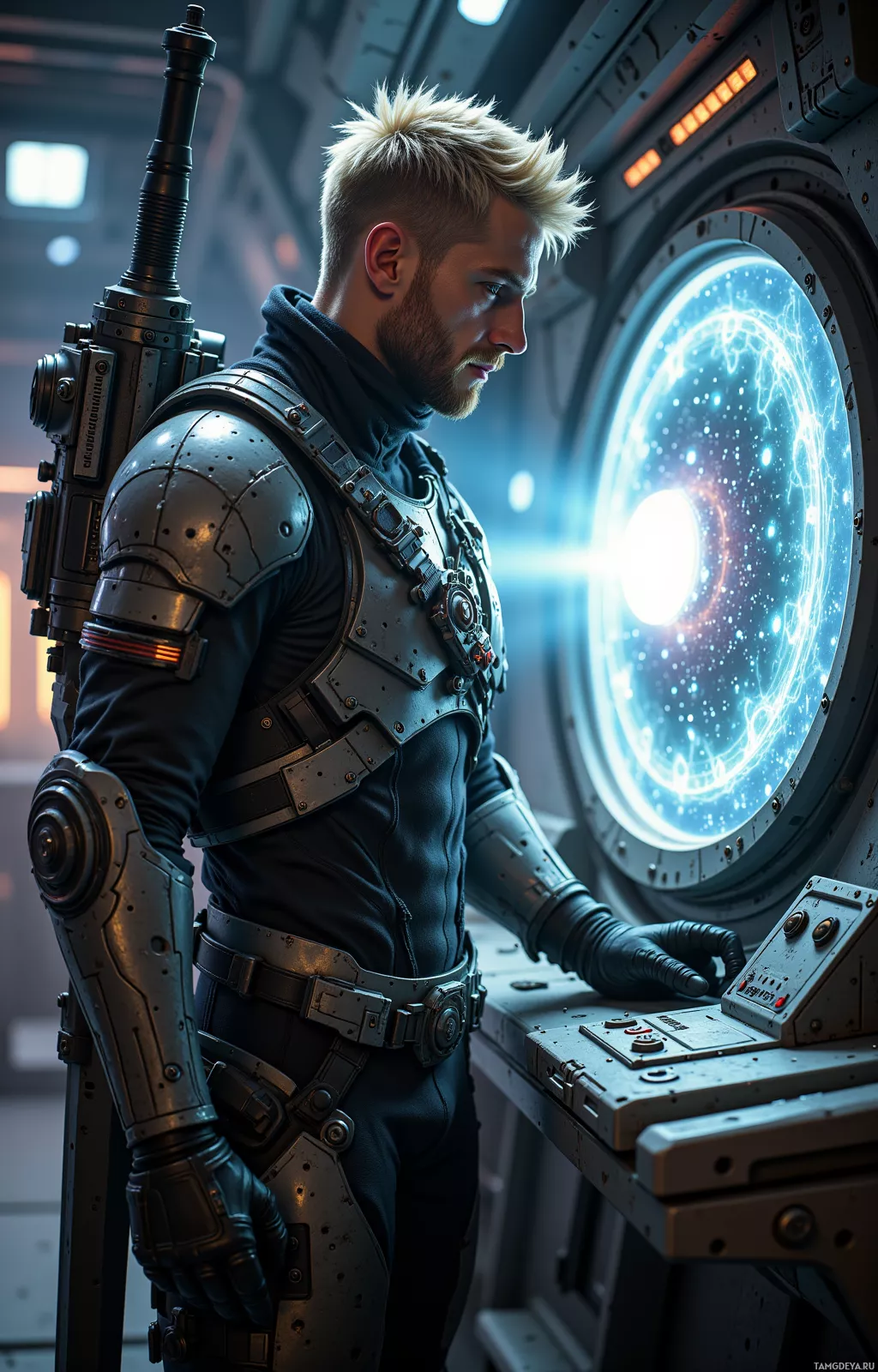 A futuristic soldier stands in a high-tech environment, gazing out of a large circular window.