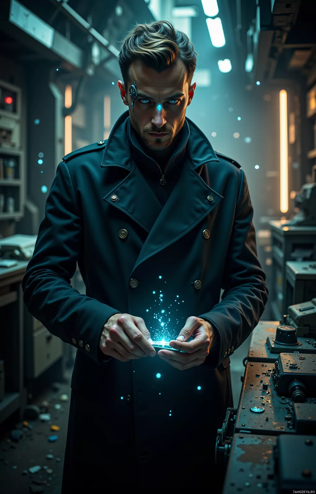 A man in a dark coat stands in a dimly lit, futuristic environment with glowing blue particles.