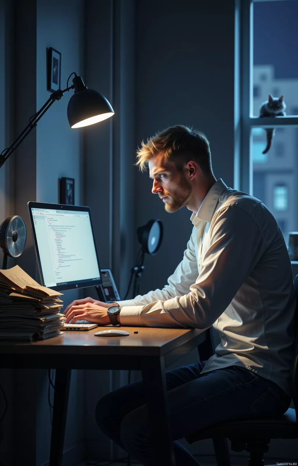 A man works at a desk in a dimly lit room, illuminated by a desk lamp, with a cat perched on a shelf in the background.