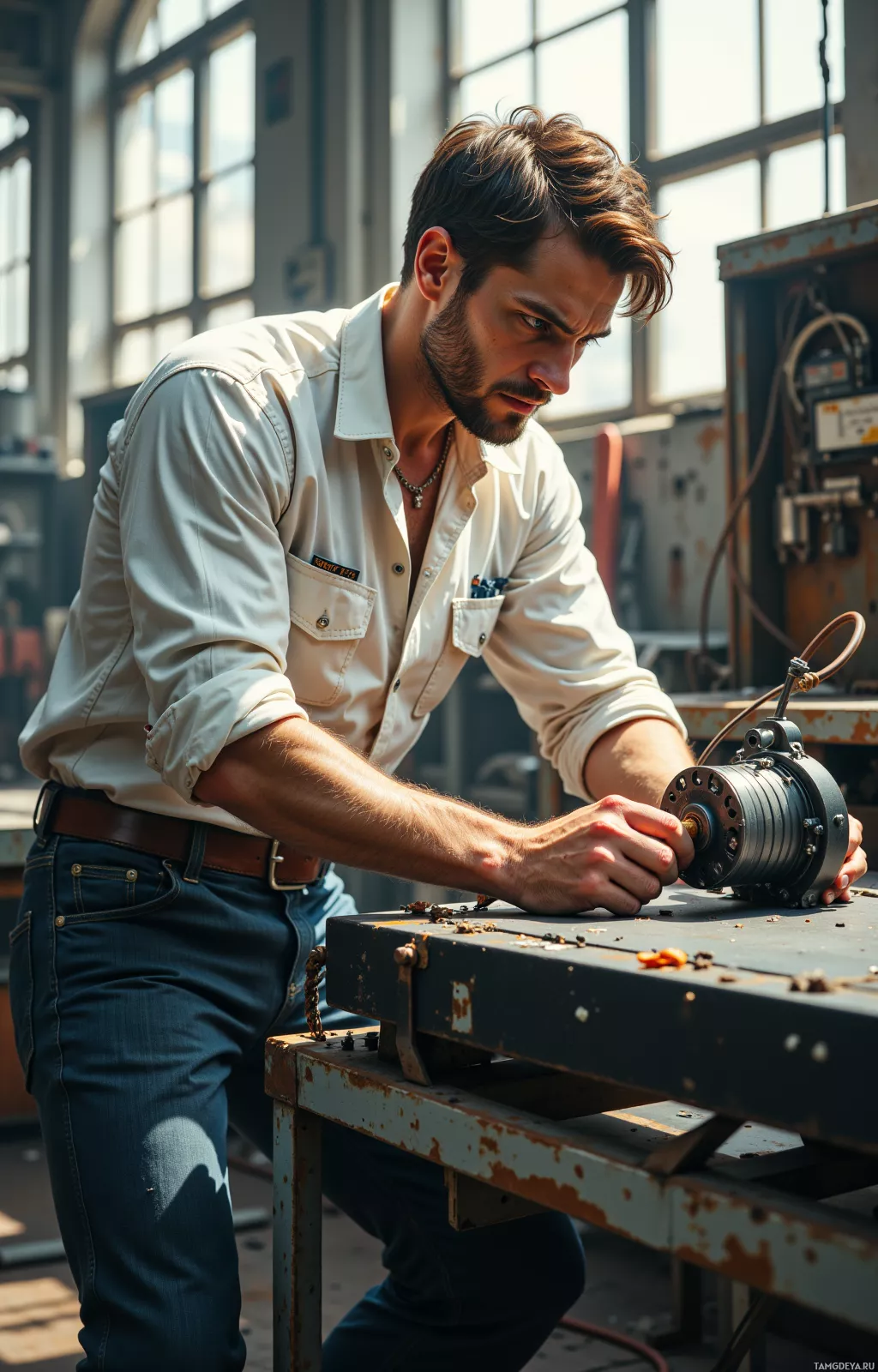 A man in a workshop wearing a white shirt and jeans is working on a mechanical device.
