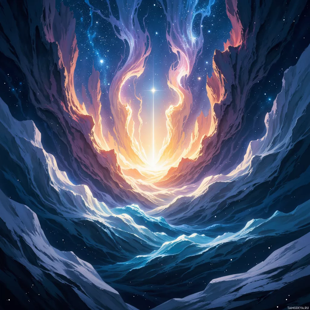 A vibrant cosmic scene with swirling nebulae and a bright star at the center.