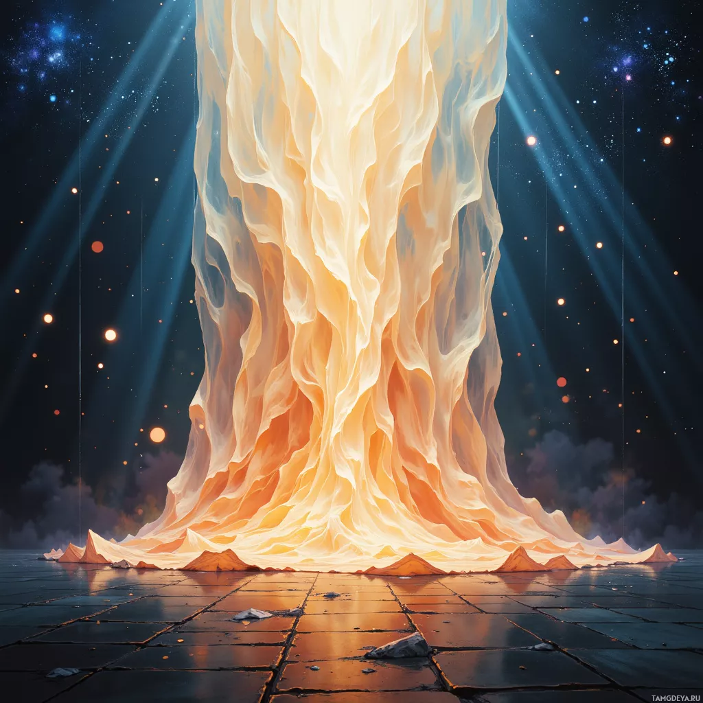 A glowing, ethereal pillar of light rises from a cracked ground against a starry night sky.