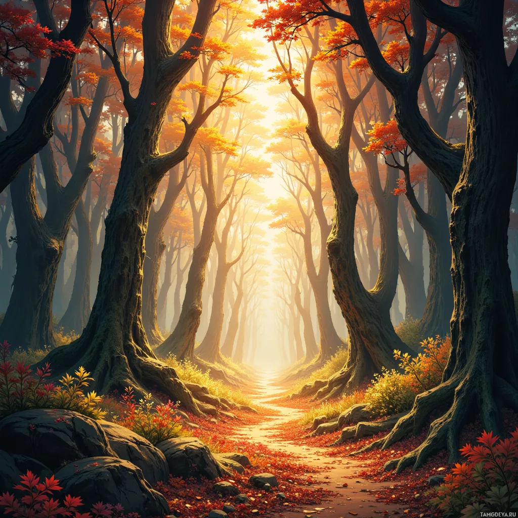 A serene autumn forest with tall trees, vibrant red and orange foliage, and a sunlit path.